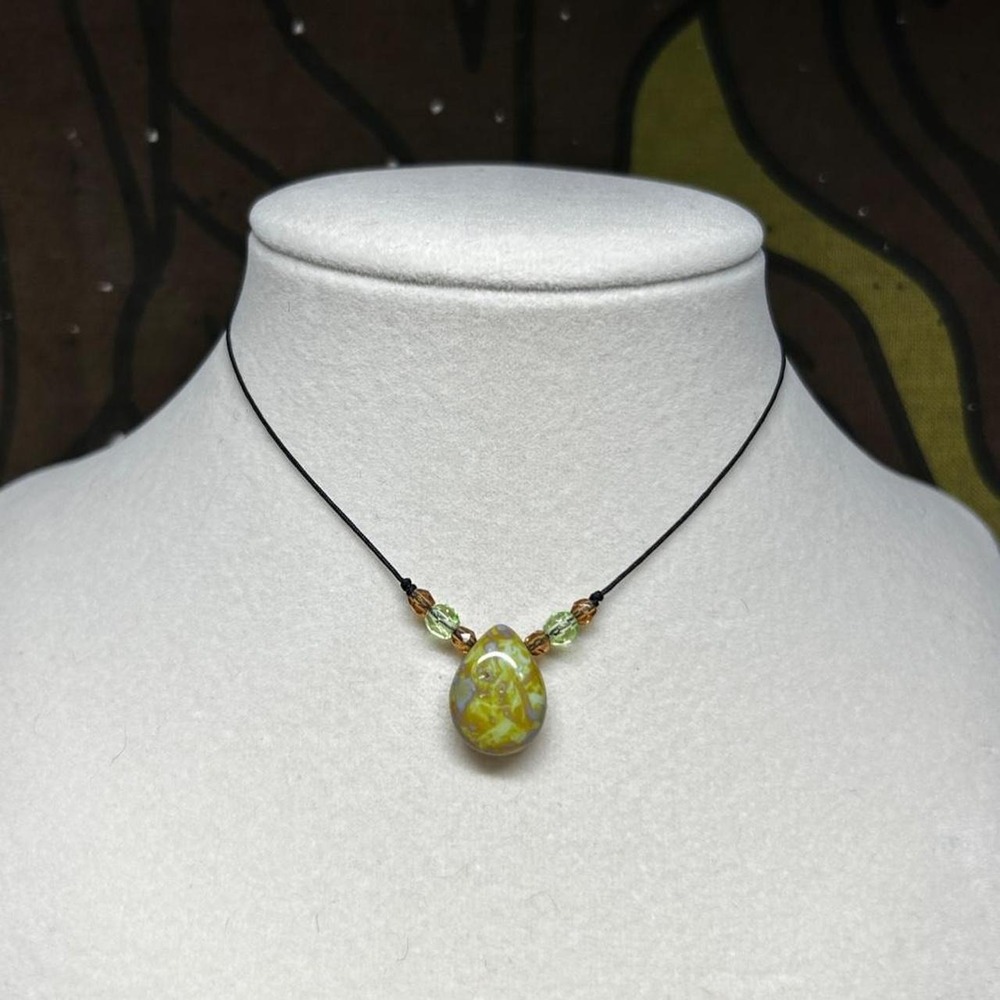 Handmade Earthy Picasso Meadow Czech Glass Pendant Choker Necklace Green Amber
